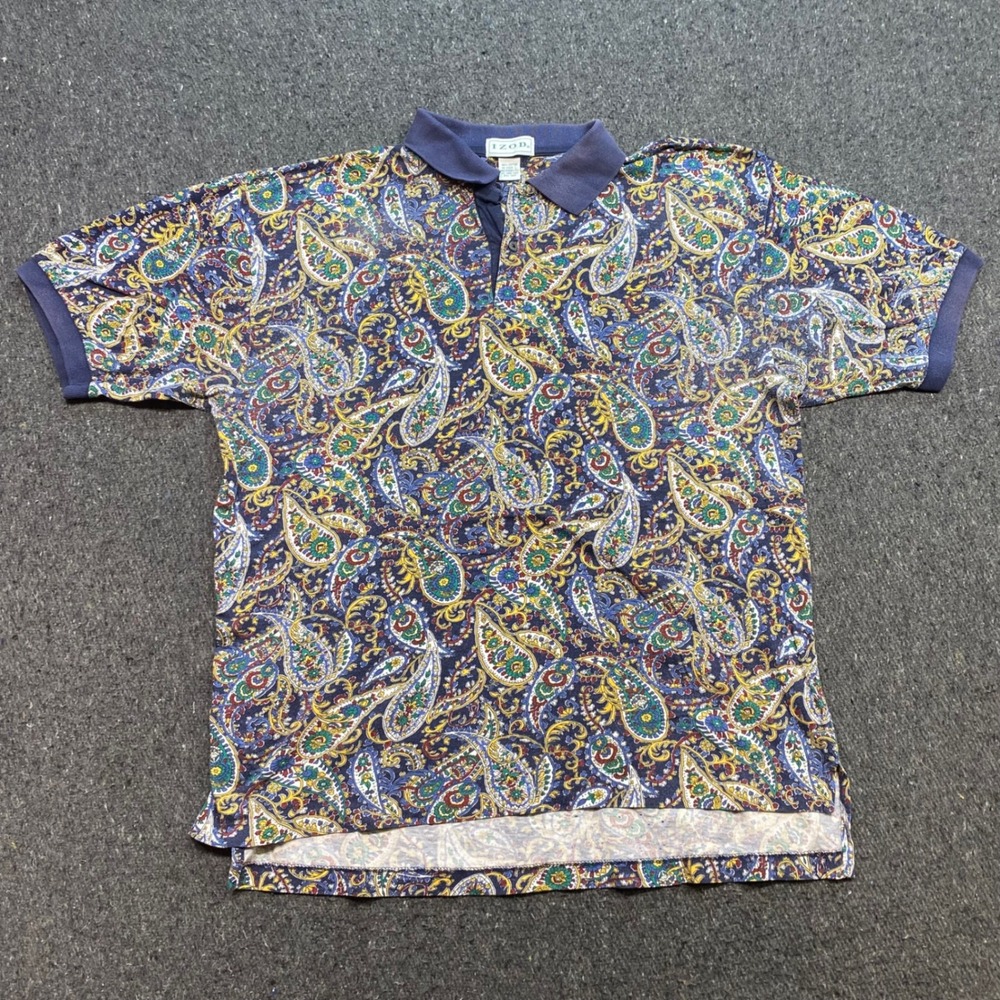 Izod Paisley Polo Sz L Mens Navy‎ Boho Retro 90s Skater Short Sleeve TShirt
